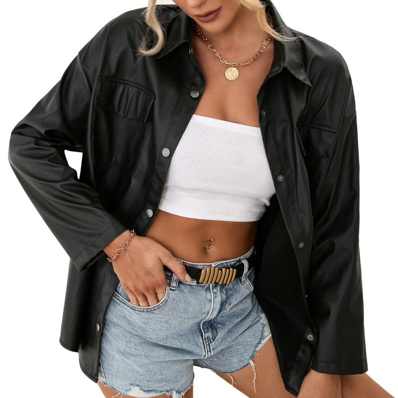 Casual Solid Color Biker Leather Single-Breasted Shacket Faux Leather Long Sleeve Shacket Coat Top for Women