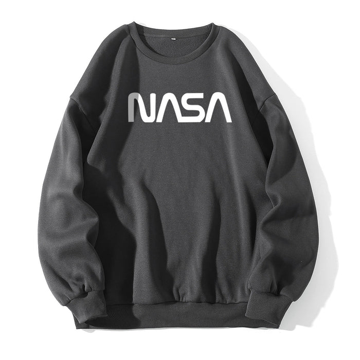 Fleece Lined Crew Neck Sweater Women NASA Letter Graphic Print Fresh Casual Pullover Round Neck Long Sleeves T Shirt