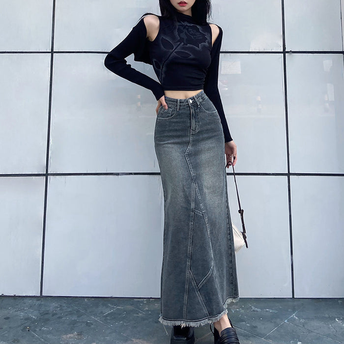 Autumn Winter Women Clothing Tight Waist Sheath White Tassel Edge Denim Long Skirts Skirt