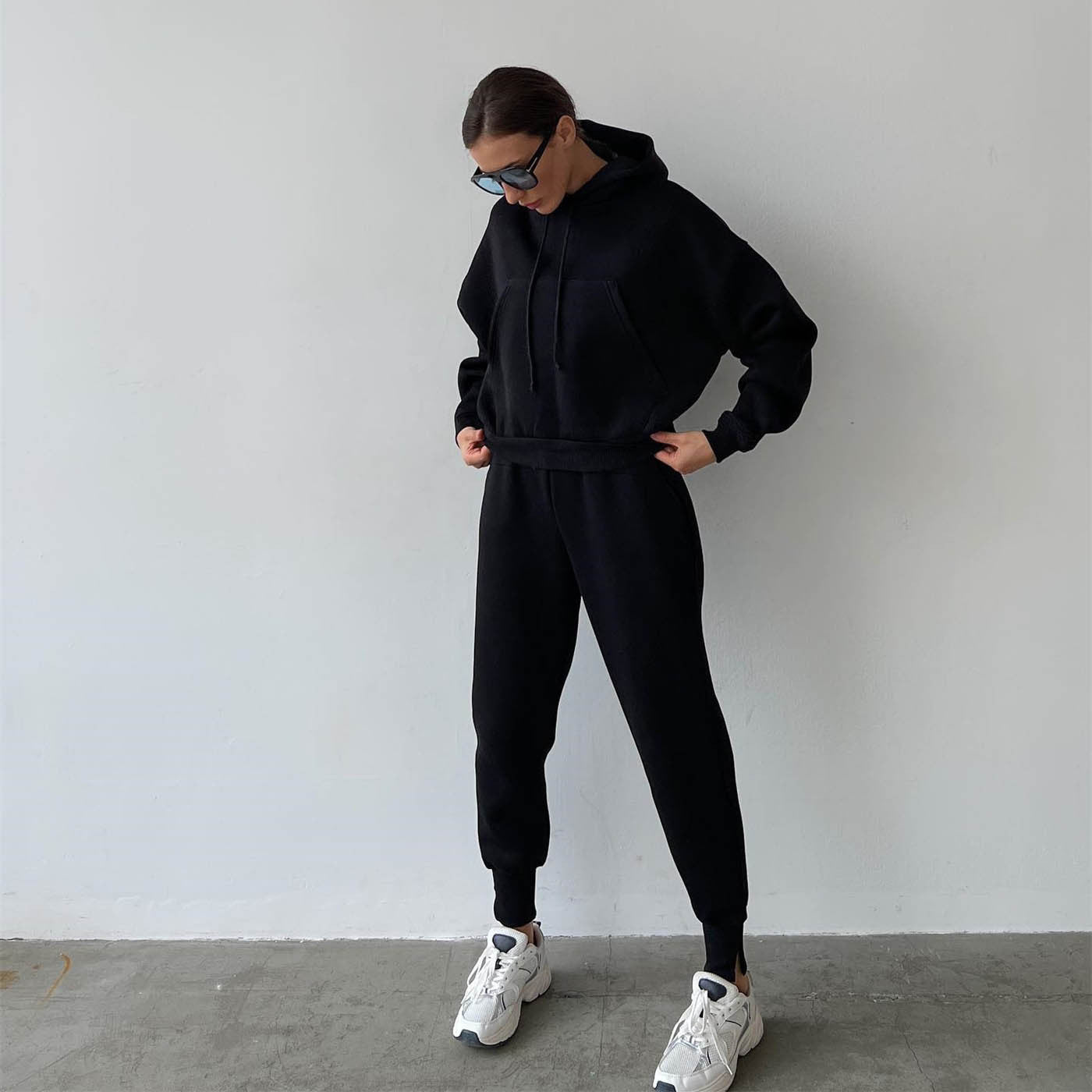 Solid Color Casual Sports Sweater Suit Women Fall Winter Hooded Sweatshirt Sweatpants Two Piece Set Women