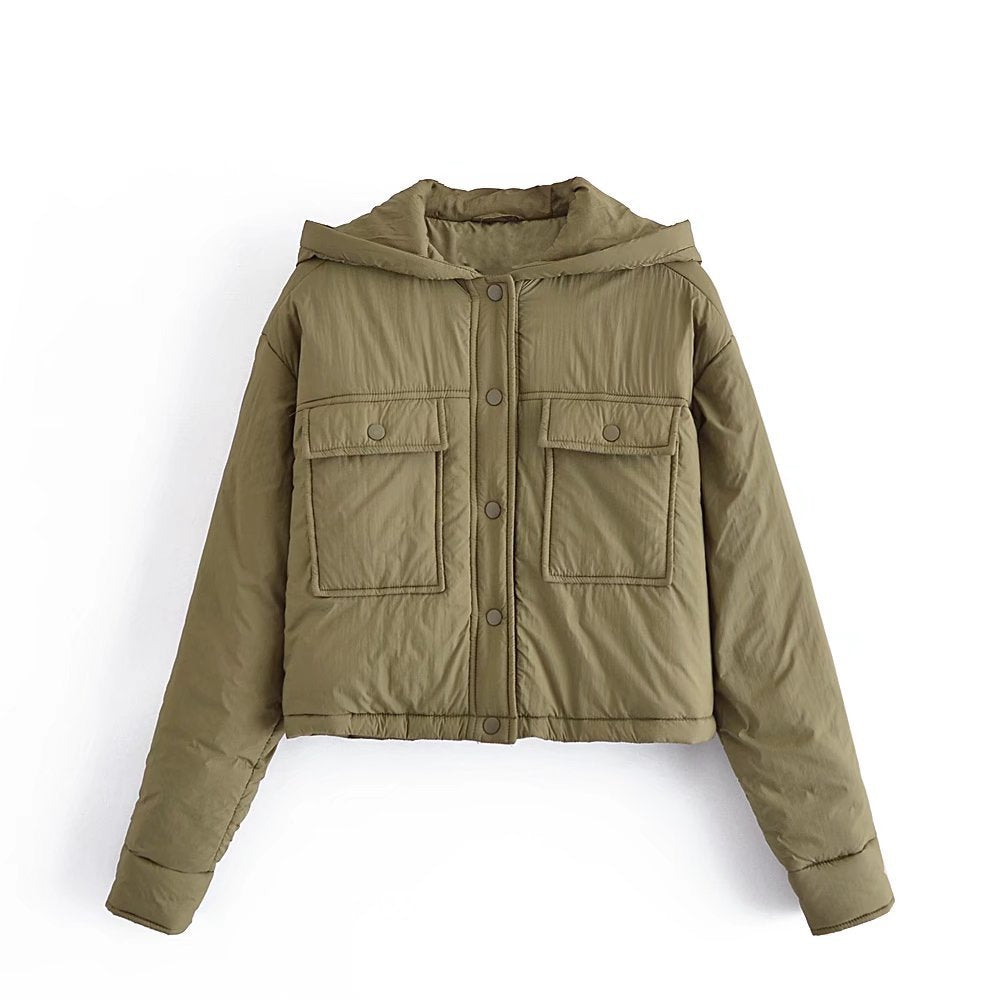 Fall Women Clothing Street Casual Simple Thin Army Green Hooded Cotton Coat