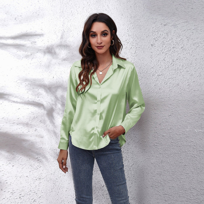 Satin Shirt Women Satin Artificial Silk Long Sleeve Shirt