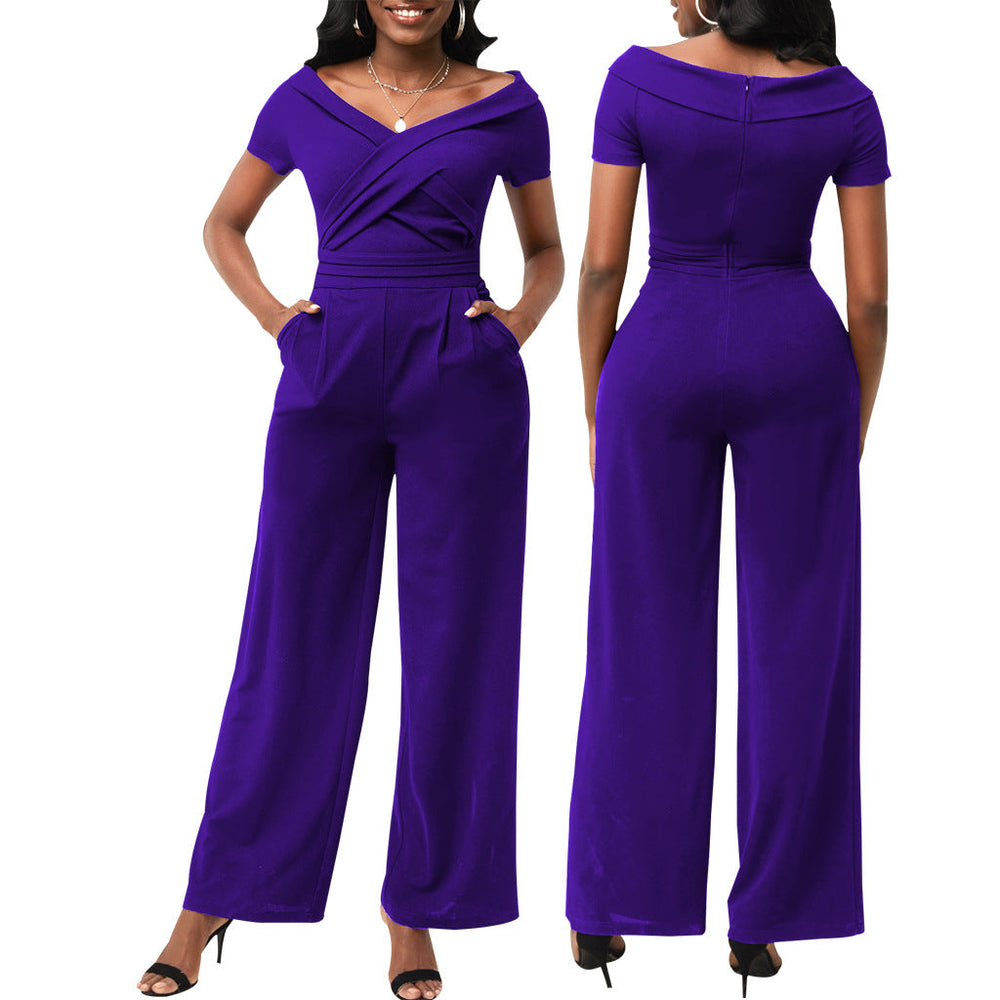 Masson Sexy Solid Color Short Sleeve V-neck Women Jumpsuit