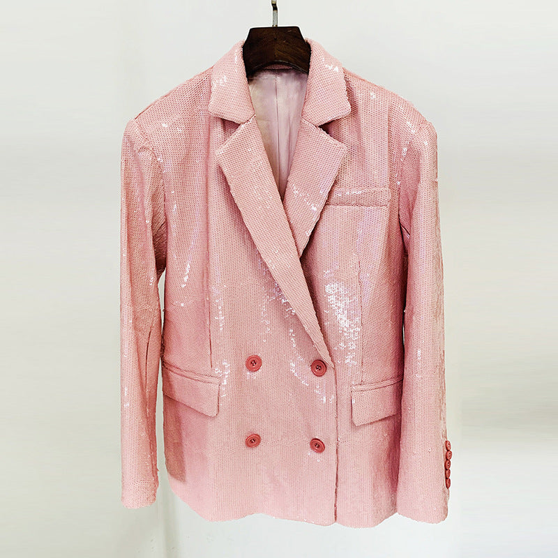 Star Double Breasted Loose Lotus Pink Sequined Blazer