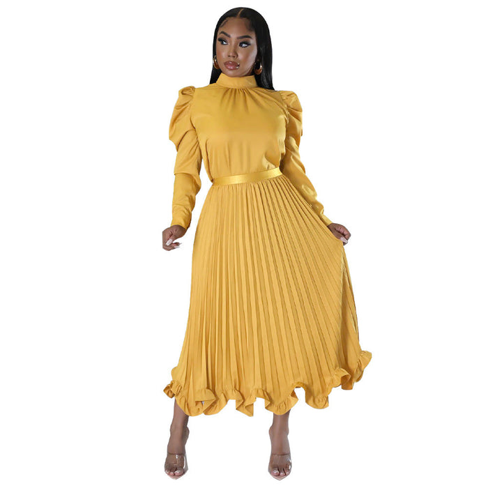 Autumn Women Clothing Puff Sleeve Top Ruffled Pleated Skirt Two Piece Set