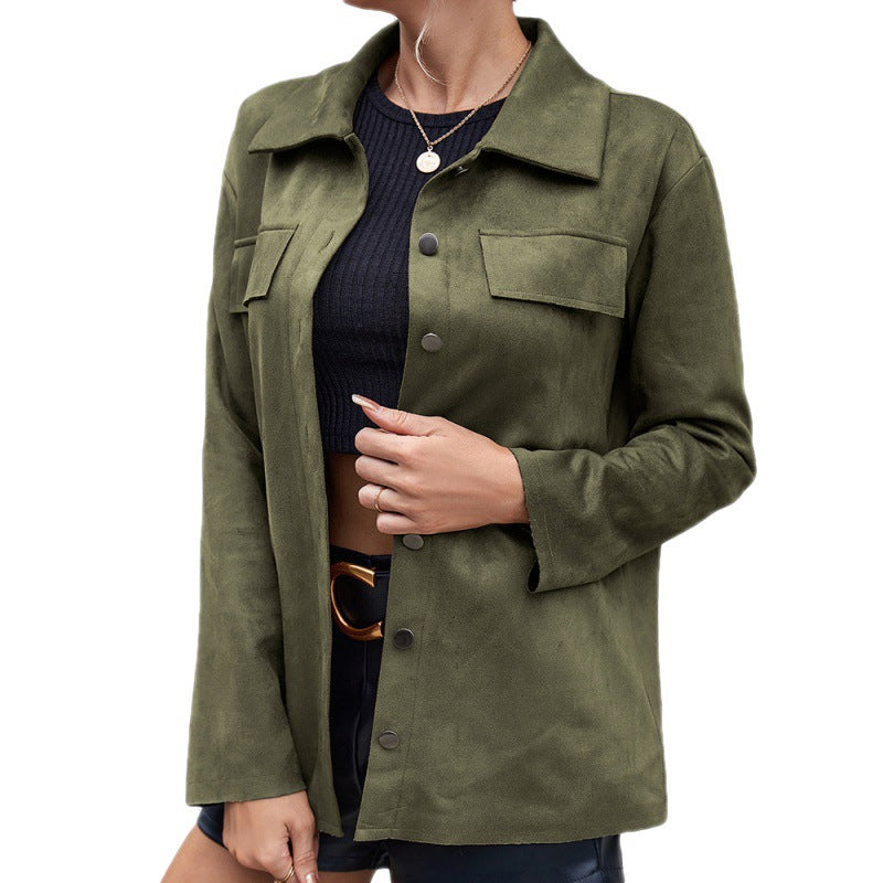 Casual Simple Single-Breasted Pocket Shirt Suede Long-Sleeved Shacket Coat Top Women