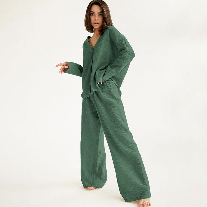 Summer Double Layer Crepe V-neck French Loose Comfortable Long Sleeve Pajamas Women  Cotton Linen Homewear Set