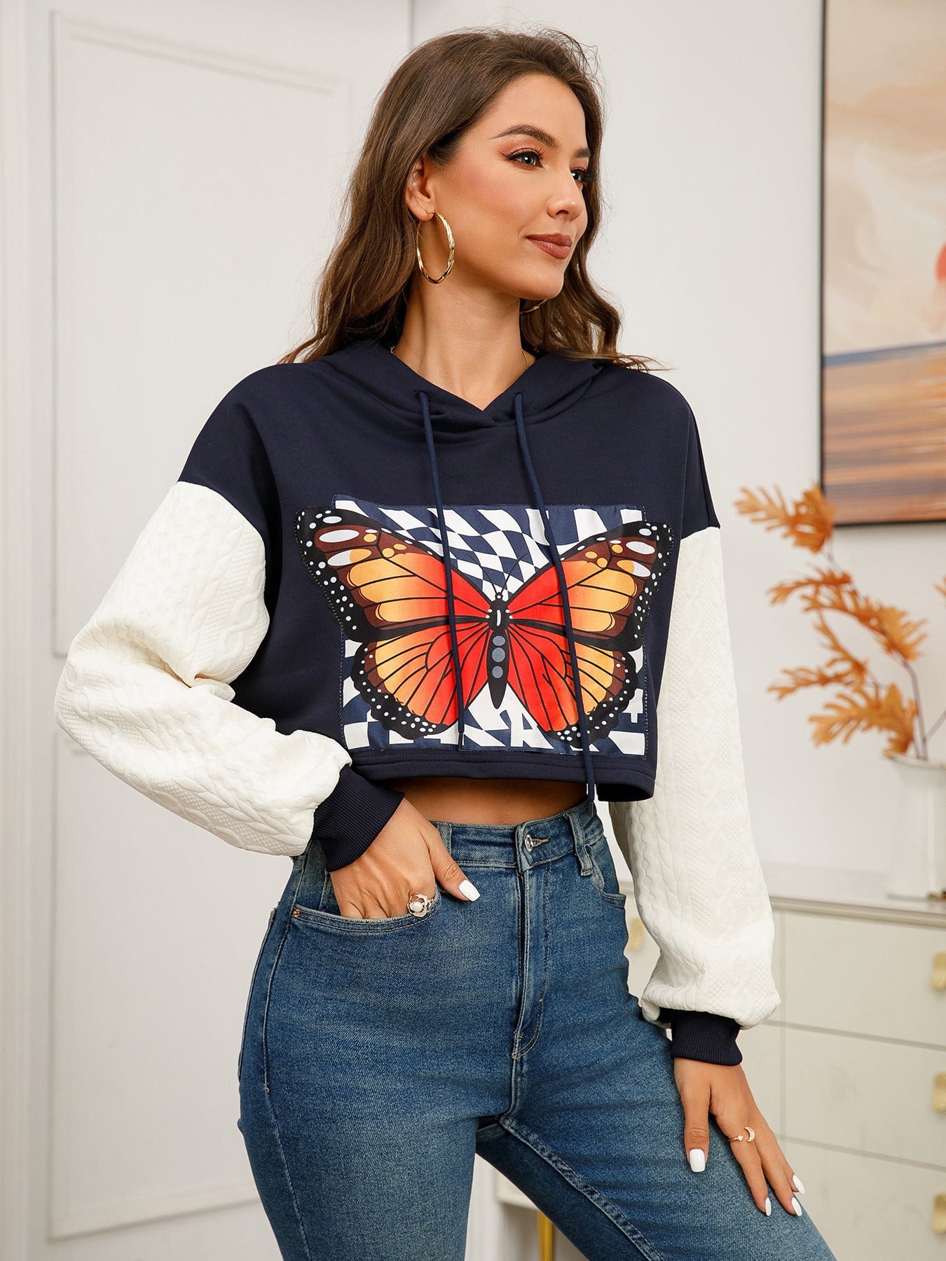 Autumn Winter Butterfly Printed Hooded Long Sleeve Contrast Color Pullover Sweater