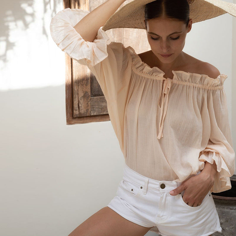 Spring Summer Special Interest Design Stringy Selvedge Shirt Pure Cotton French V neck Two Way Strap off Shoulder Top