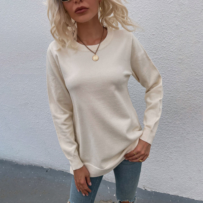 Women Clothing Autumn Winter Sweaters Women round Neck Button Solid Color Split Sweater