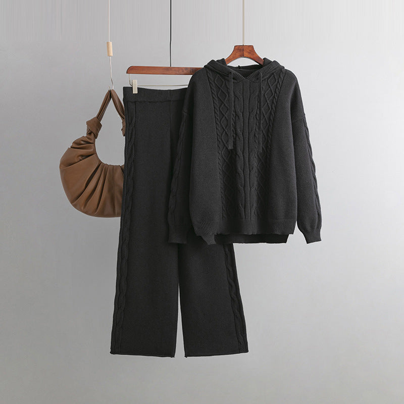 Autumn Winter Suit Hoodie with Drawstrings Loose Sweater Draping Wide Leg Trousers Twist Two Piece Suit