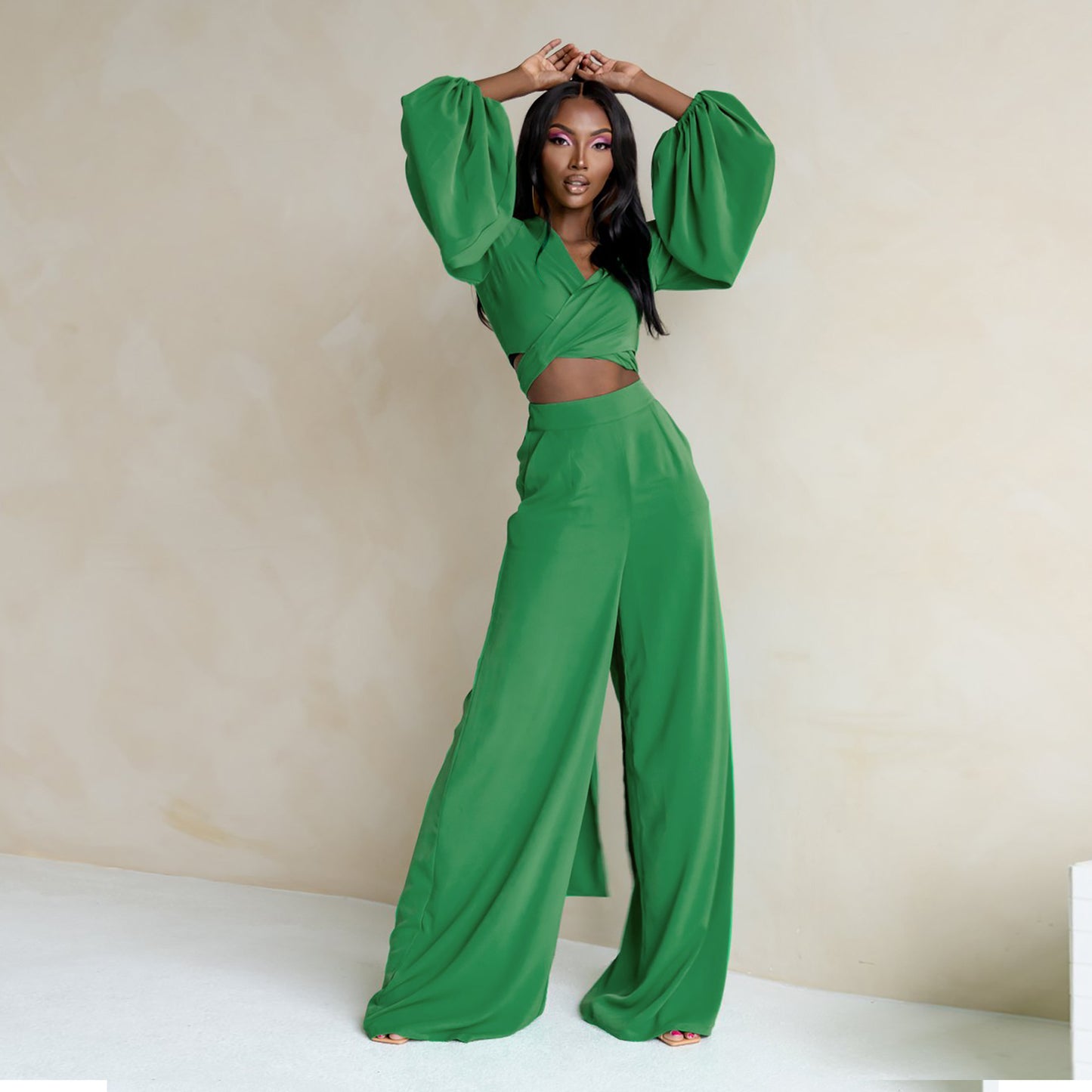 Women Clothing Fashion Casual Long Sleeve cropped Tied Top High Waist Drooping Wide-Leg Pants Women Summer Suit