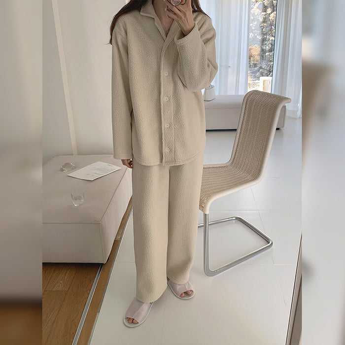 Korean Autumn Winter Lamb Wool Home Wear Suit High Grade Collared Cardigan Teddy Plush Thick Thermal Pajamas