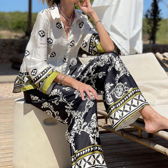 Women Vacation Casual Printed Loose Lapels Shirt Trousers Two Piece Set