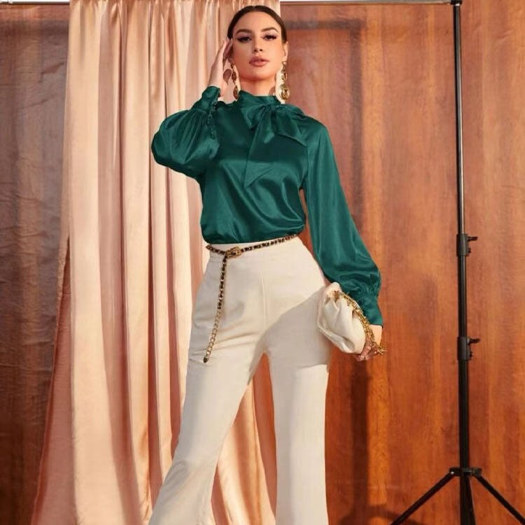 Women Shirt Autumn Elegant Solid Color Satin Long Sleeve Bow Collar Women Top