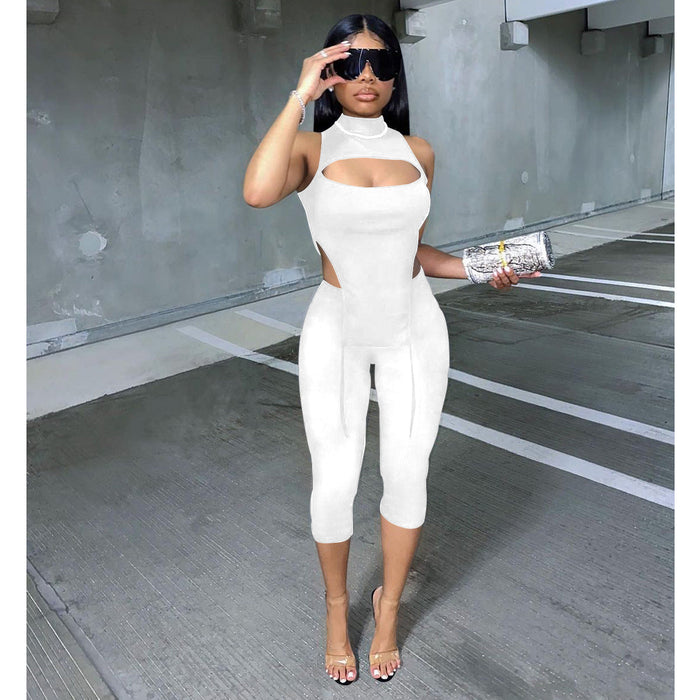 Women Clothing Sexy Sleeveless Half Turtleneck Cropped Pants Two-Piece Solid Color Elastic Suit for Women