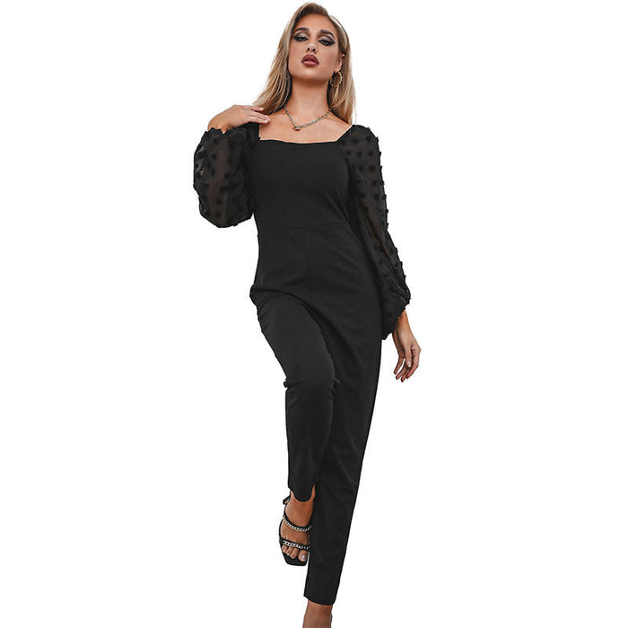 Autumn Winter Stitching Slim Women Clothing Long Sleeve Black Jumpsuit