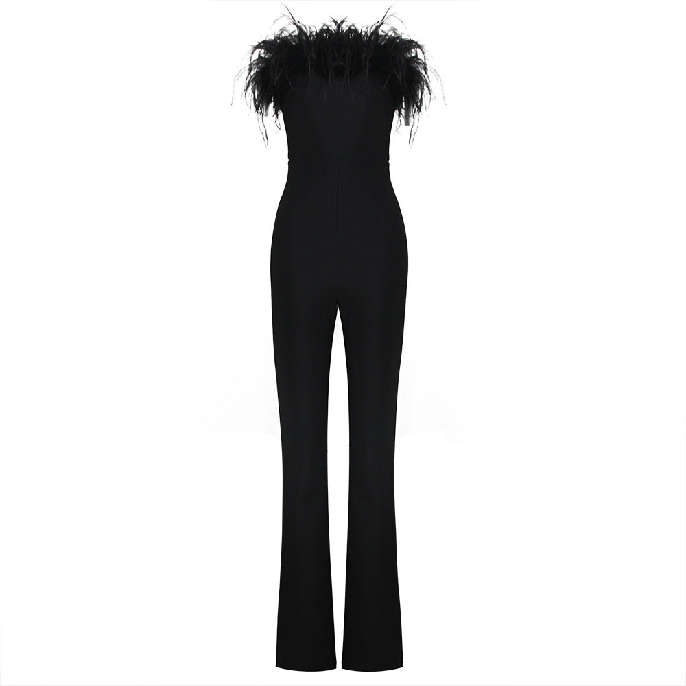 Sexy Tube Top Feather Bandage Jumpsuit High Waist Stretchy Wide Leg Flared Pants Women Clothing