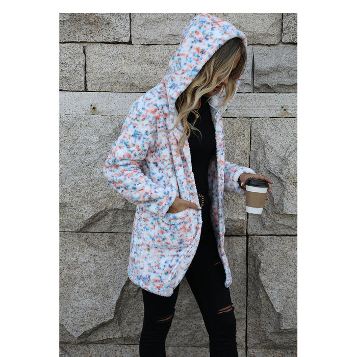 Autumn Winter Women Hooded Long Sleeve Loose Snowflake Plush Christmas Casual Jacket