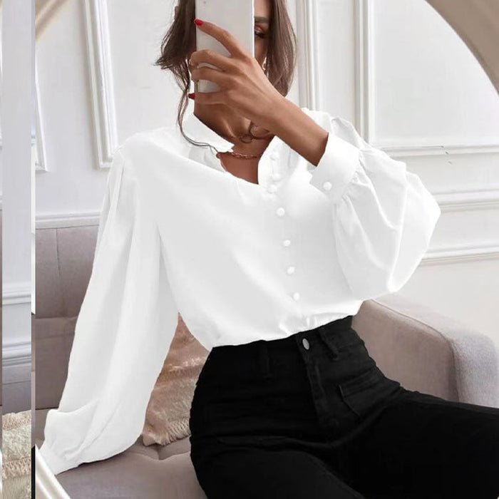 Women  Shirt Autumn Elegant Solid Color Collared Long Sleeve Single Row Button Loose Women Top