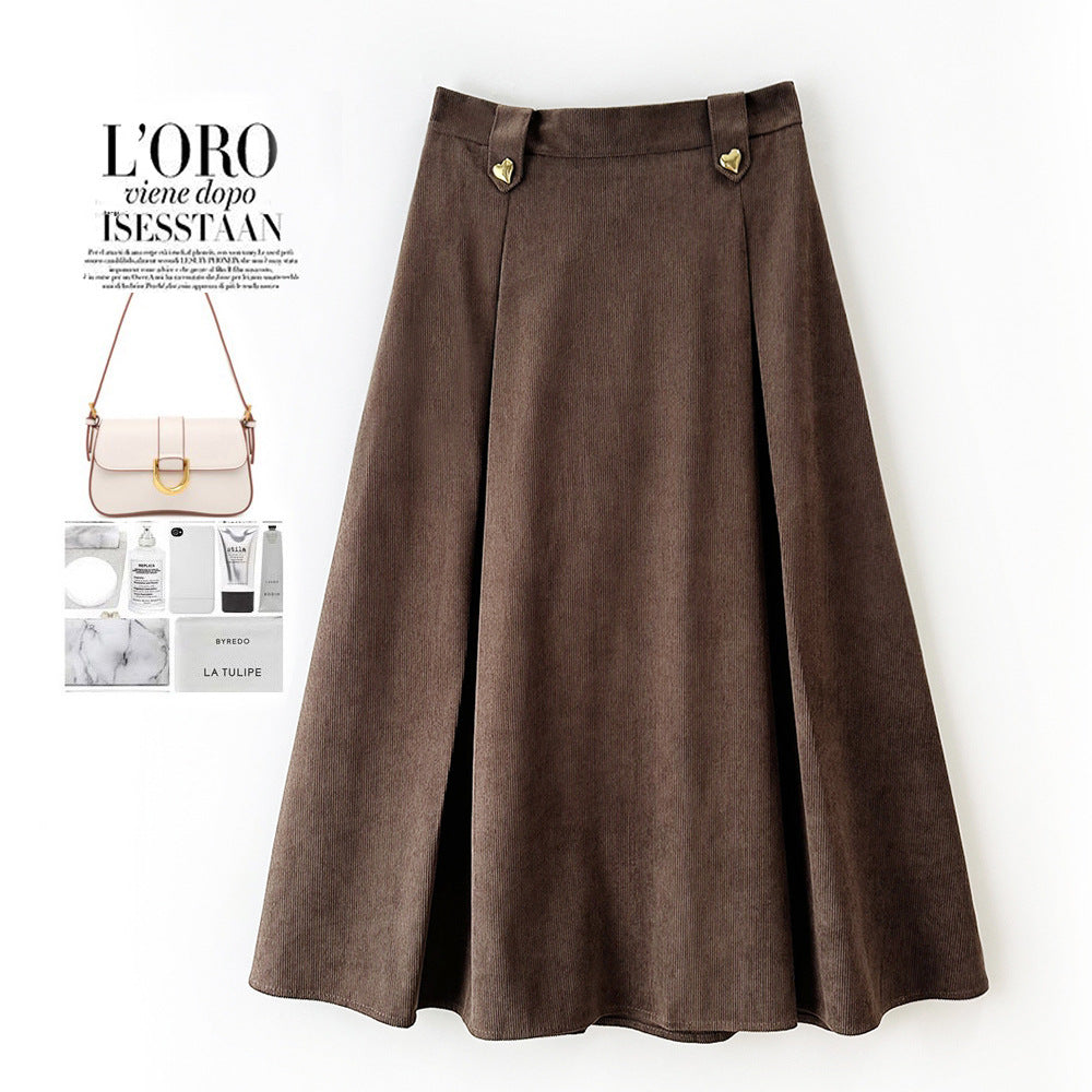Corduroy Skirt for Women A line Large Hem Slim-Fit Slimming Umbrella Skirt Mid Length Small Retro Casual Skirt