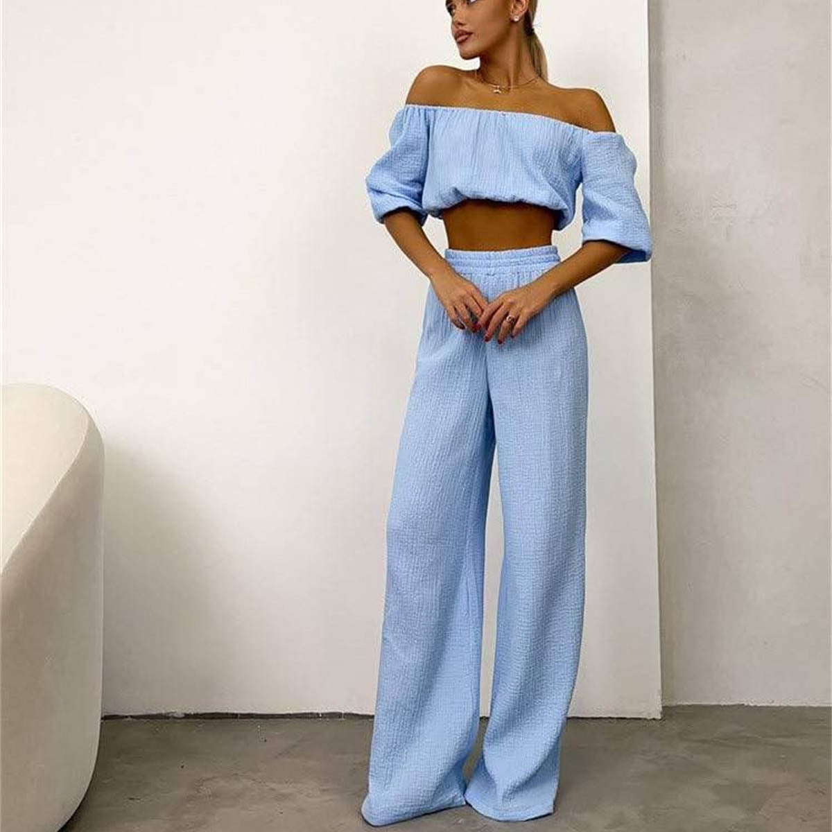 Two Piece Women Summer Pure Cotton Champray Solid Color off Neck Short Sleeved Top High Waist Wide Leg Pants Casual Suit