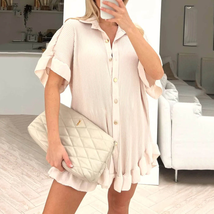 Shorts Short Sleeved Shirt Two Piece Women  Loose Pleated Wooden Ear Casual sets