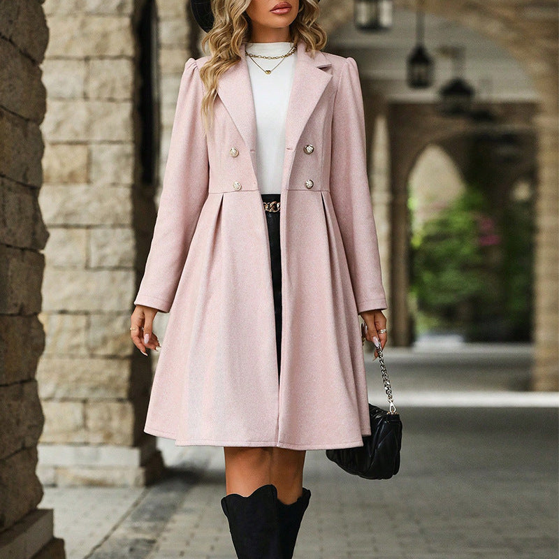 Autumn Winter Women Clothing Casual Long Pink Warm Woolen Coat
