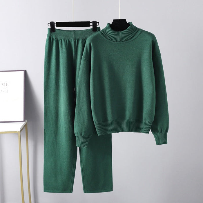 High Collar Suit Autumn Winter Solid Color All Matching Outer Wear Knitted Top Casual Pants Two Piece Set