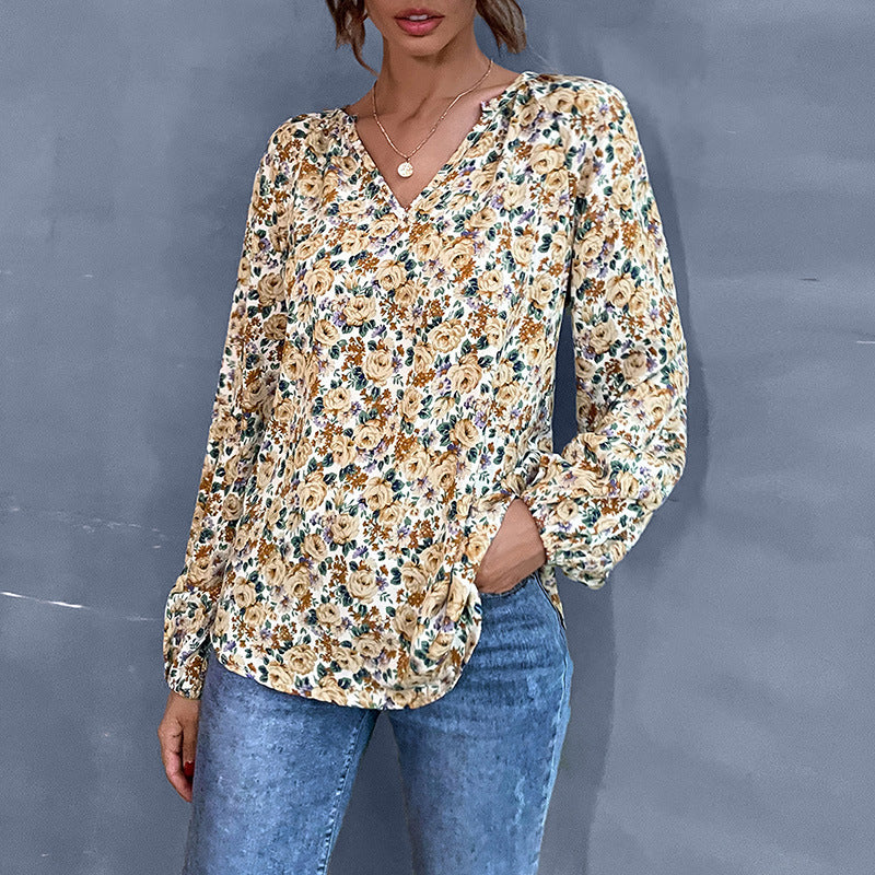 Early Autumn Holiday Women Loose Fitting V Neck Long Sleeves Floral Shirt