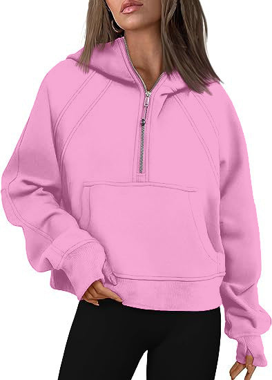 Women Clothing Half Zipper Hooded Sweatshirt Loose Short Velvet Sweater