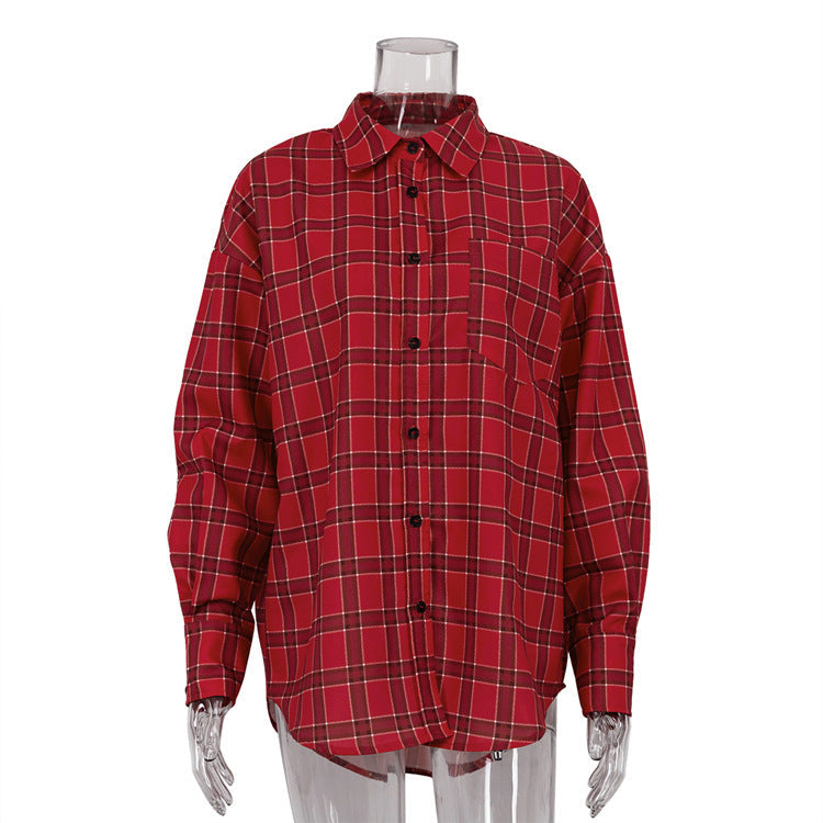 Autumn Women  Clothing Red Pattern Shirt outside Women  Casual Loose Long Sleeve Shirt