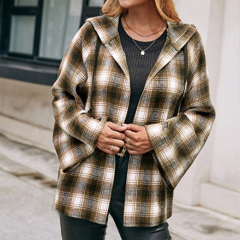 Casual Hooded Checked Shirt Loose Plaid Trench Coat Coat Top Women Outerwear