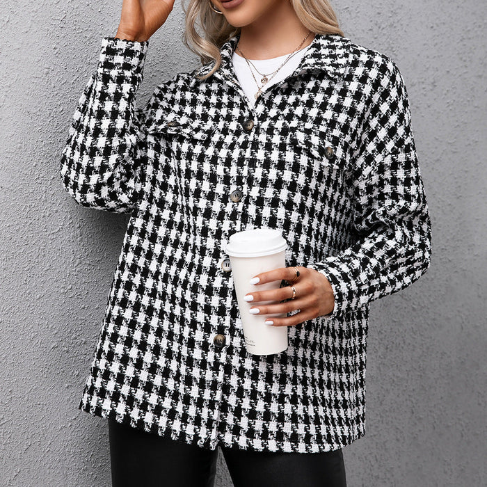 Single Breasted Houndstooth Casual Jacket Collared Windbreaker Coat Top Women