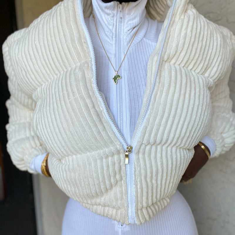 Women Clothing Autumn High Neck Long Sleeve Zipper Drawstring Thermal Cotton Coat Coat Top