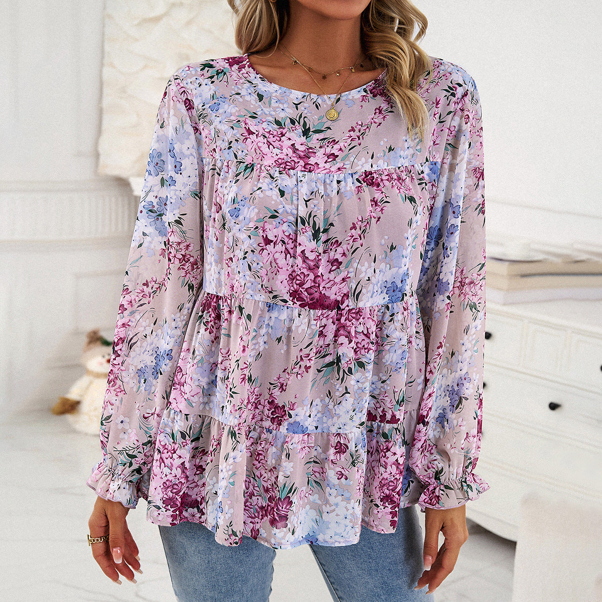 Women Clothing Autumn Winter Casual Printing Long Sleeve round Neck Top