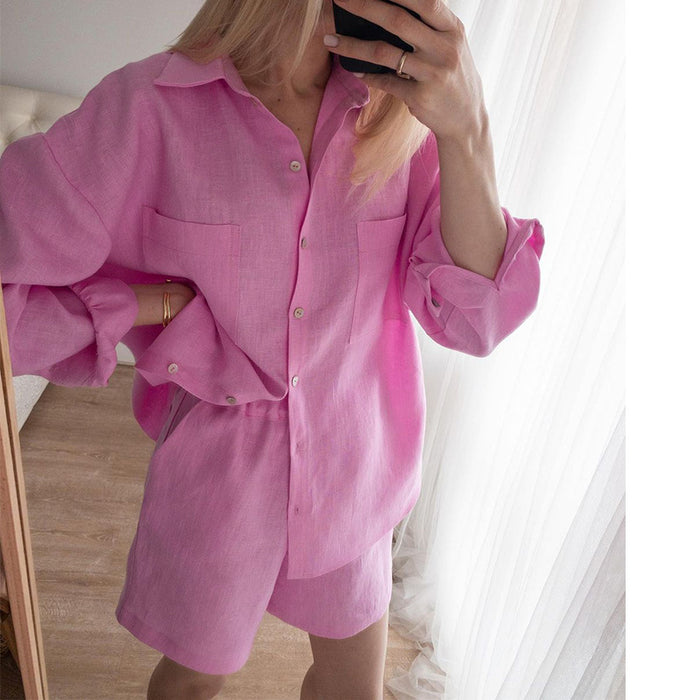 Women Clothing All-Match Shirt Elastic Waist Shorts Two-Piece Suit