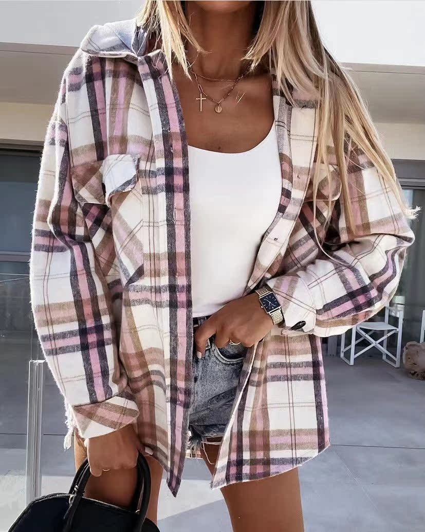 Women Clothing Winter Hooded Detachable Woolen Plaid Coat