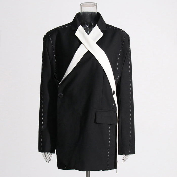 Black White Stitching Personalized Blazer Women  Autumn Color Contrast Loose Design Thick Thread Design Coat