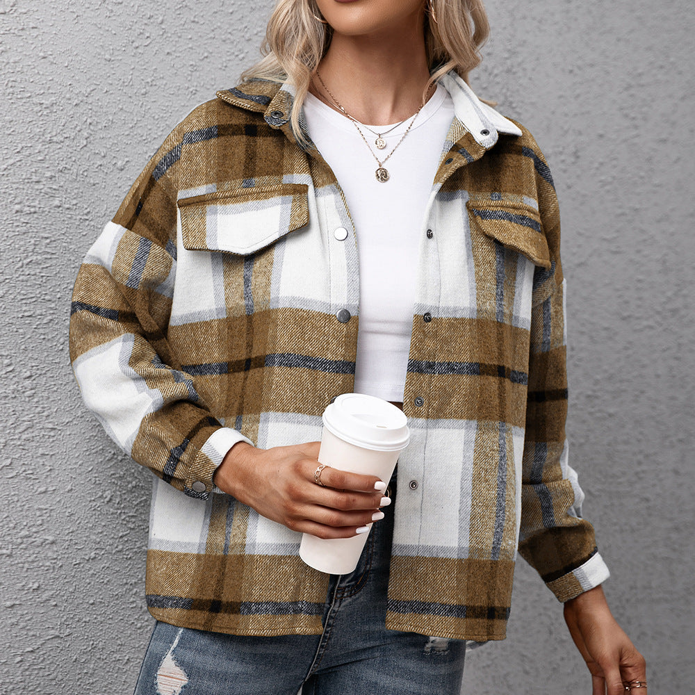 Thickened Cashmere Long-Sleeved Plaid Jacket Loose Casual shacket Jacket Plush Plaid Jacket Coat for Women