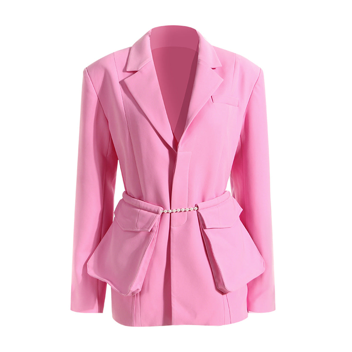 Pink Women Spring Pearl Chain Large Pocket Decoration Slim Fit Thin Looking Blazer