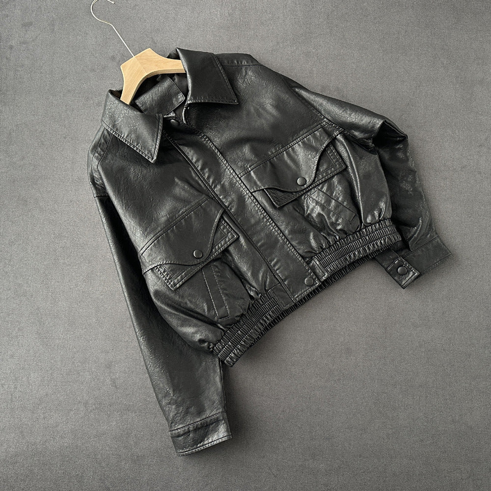 Loose Women Faux Leather Jacket Drop Shoulder Sleeve Washed Leather Motorcycle Bag Cover Coat Hem Rib