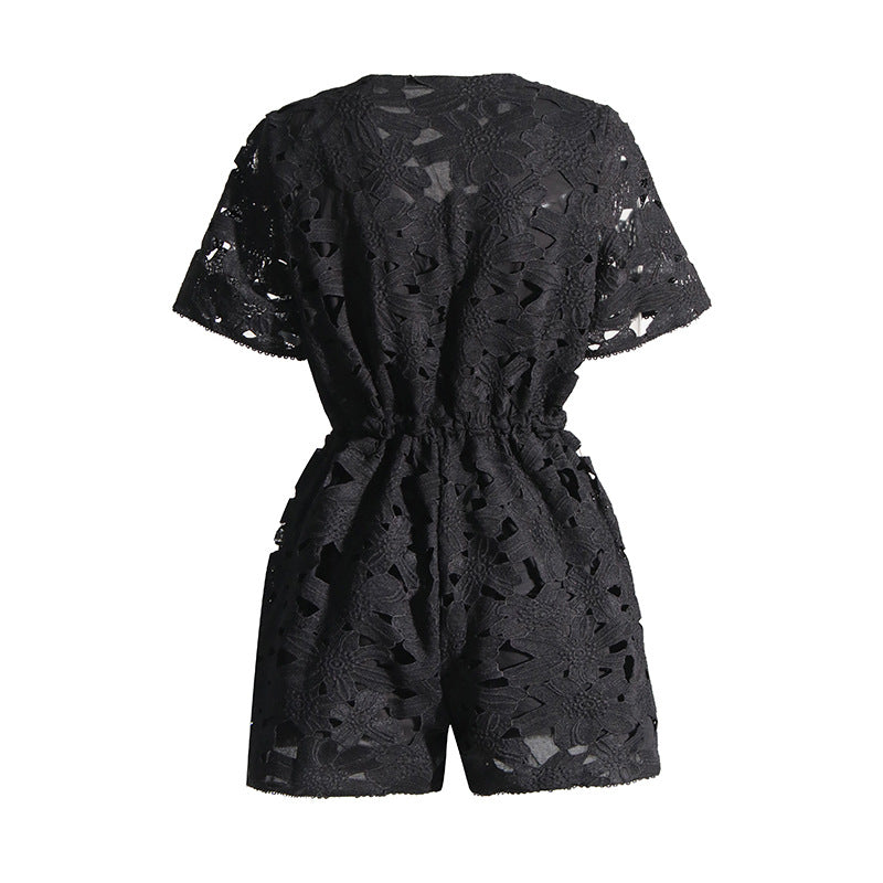 Summer Embroidered Lace Crocheted V neck Design Tight Waist Slimming Lace up Fashionable Jumpsuit