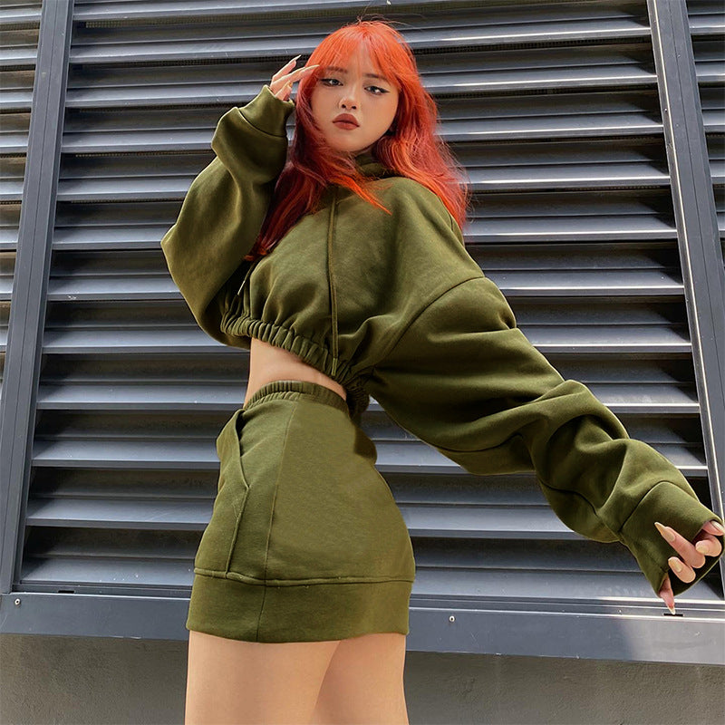 Street Trends Cool Sweet Girl Cropped Cropped Hoodie Short Skirt Two Piece Suit Women