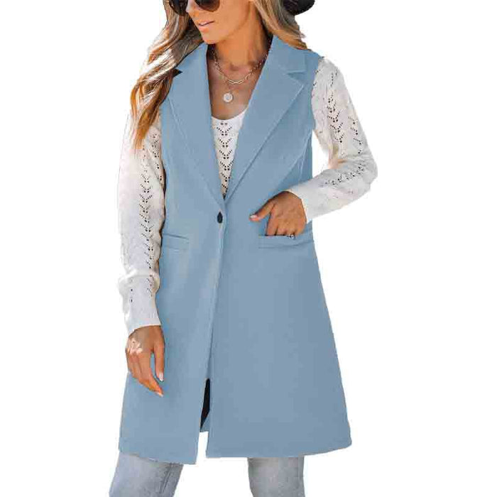 Autumn Winter Simplicity Vest Collared Button Sleeveless Woolen Coat for Women