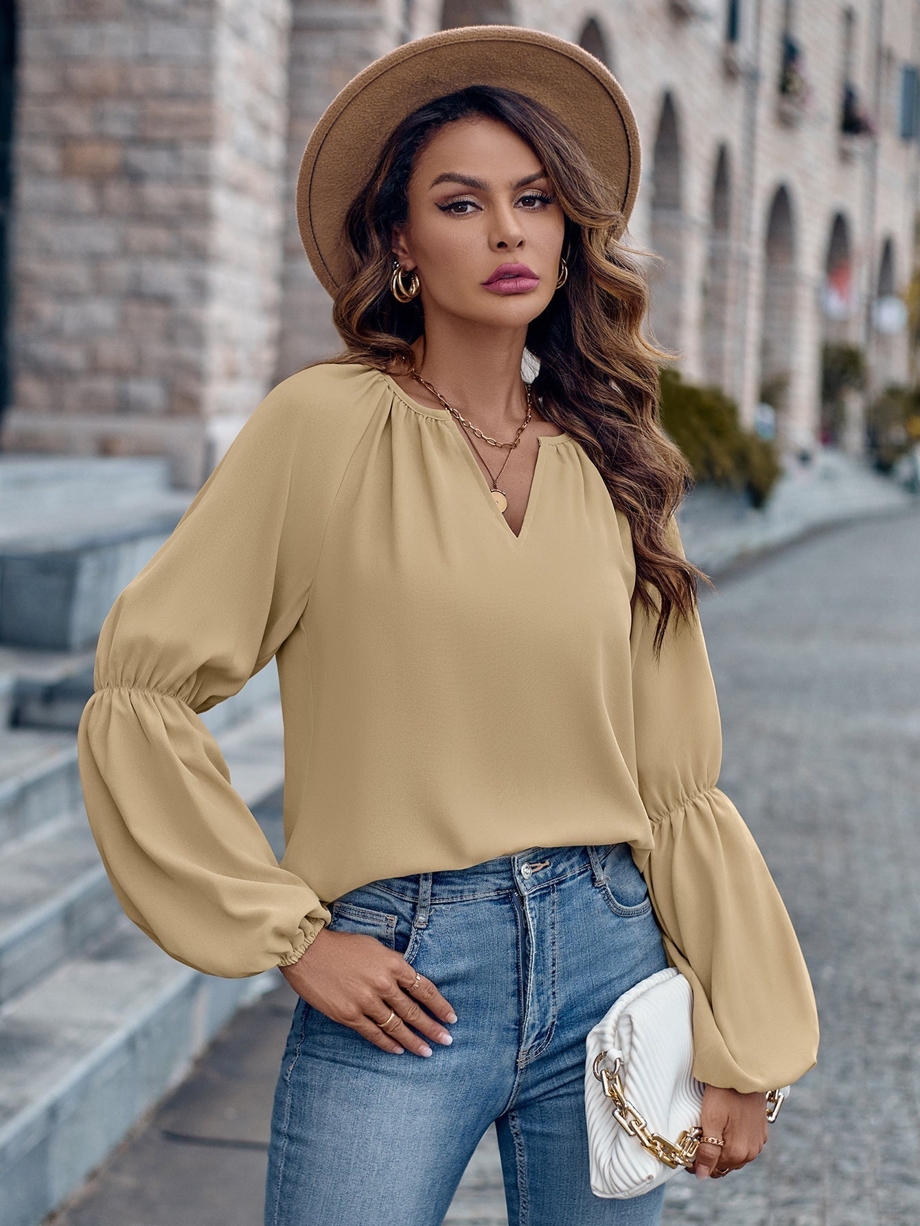 Women Clothing Solid Color V neck Loose Casual Autumn Winter Women Top