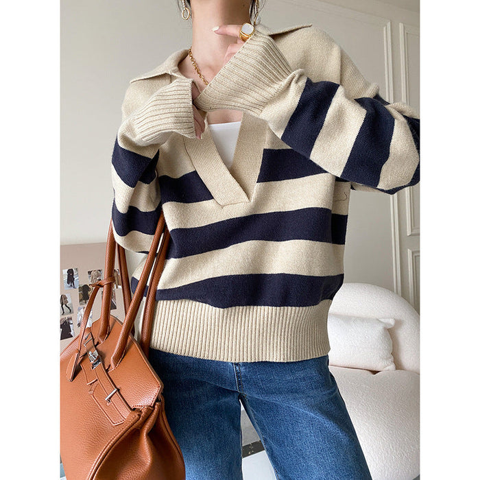 Casual Polo Large V-neck Striped Sweater Autumn Winter Loose Pullover