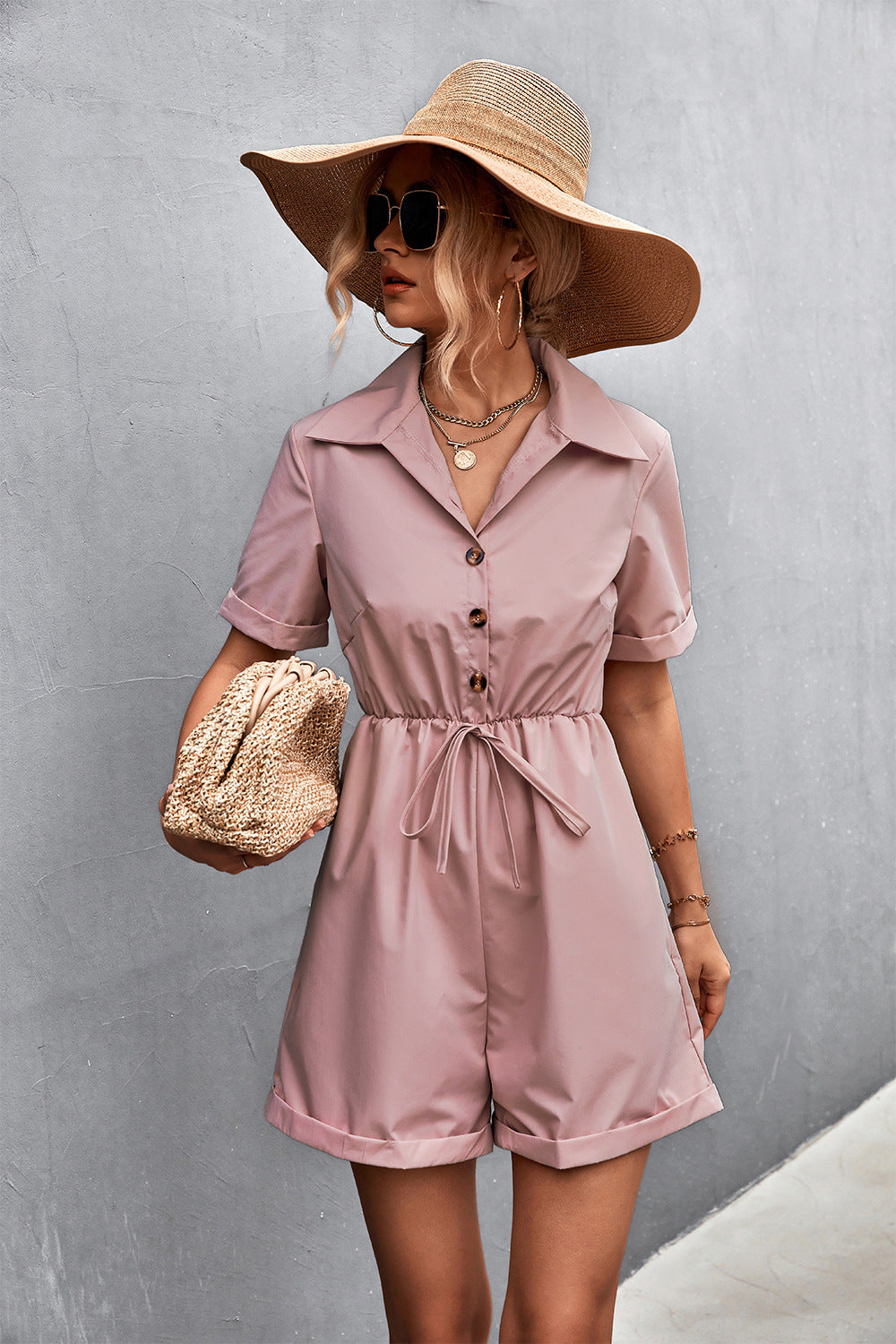 Spring Summer Popular Shirt Collar Short Sleeve Lace-up Romper