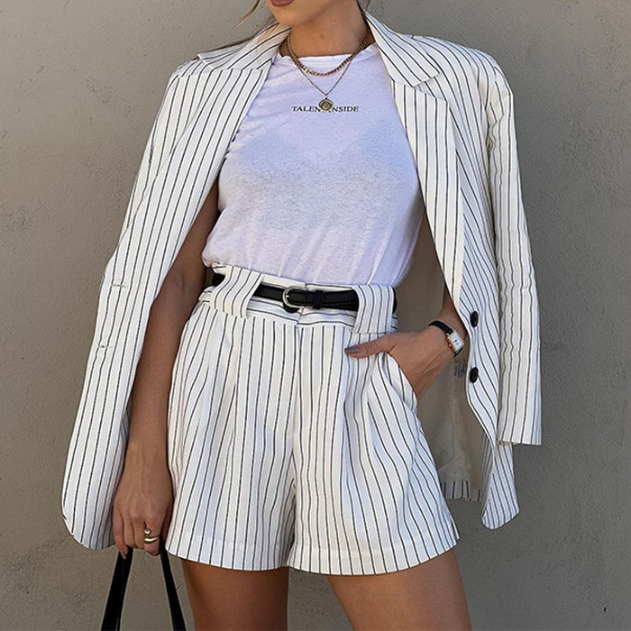 Autumn Women Fashionable Striped Long Sleeve Shorts Two Piece Set