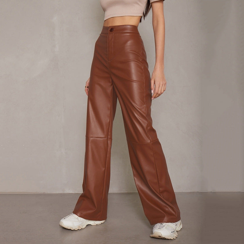 Slim Fit All Match Sexy Faux Leather Pants Women Autumn Winter Outdoor Casual High Waist Wide Leg Pants Women